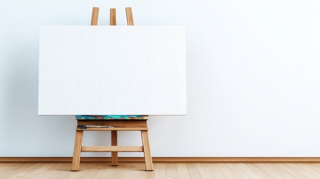 White canvas rests on sturdy wooden easel unpainted canvas awaits inspiration on its stand - Powered by Adobe