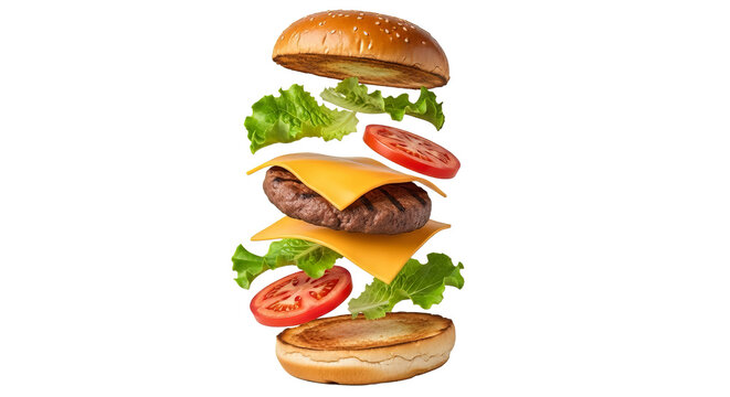 Delicious burger with flying ingredients including beef patty cheese lettuce tomato and sesame seed bun on transparent background - Powered by Adobe