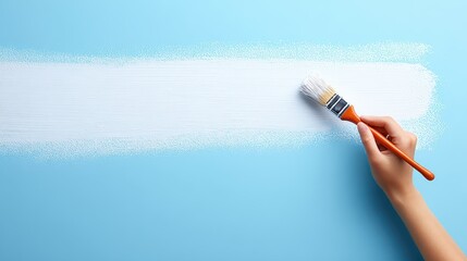 Person holds paintbrush applies white paint strip hand painting white stripe with brush precise application