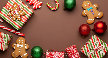 Christmas Sweets and Gifts on a Brown Background gingerbread man