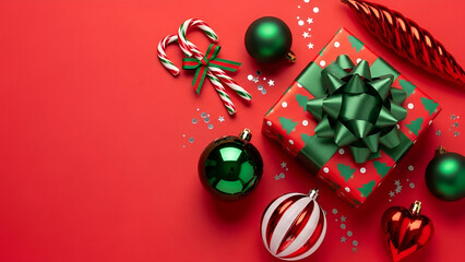 Christmas Sweets and Gifts on Red Background holiday