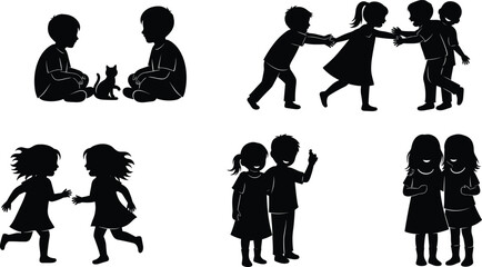 Black Silhouette of Happy Children Playing Together, Showing Diverse Interactions, Friendship, Fun, and Socializing in Early Childhood Development, Isolated Vector Graphic