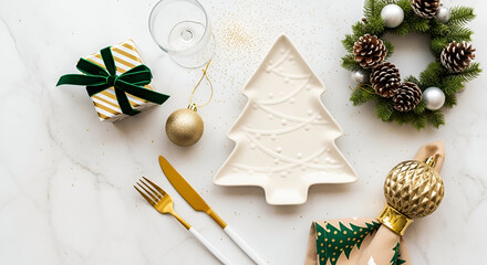 Christmas Table Setting with Tree Plate and Gift holiday