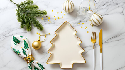 Christmas Table Setting with Tree Plate and Gold Cutlery