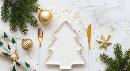 Christmas table setting with tree plate and gold cutlery on marble