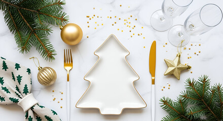 Christmas Table Setting with Tree Plate and Gold Ornaments