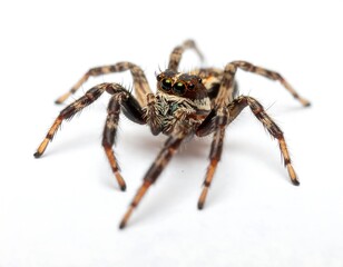 Fototapeta premium Detailed macro shot of a striped jumping spider isolated on a white background