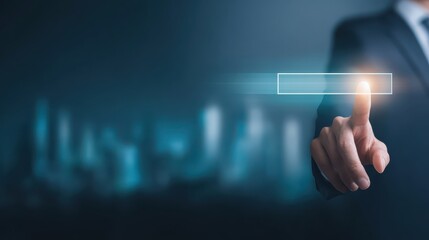 Man in suit presses button on interactive touch screen professional engages modern digital display technology