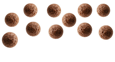 Dark brown, textured cereal puffs resembling chocolate cookie crisps, dynamically suspended mid-air against a seamless transparent background with copy space, concept for breakfast advertising