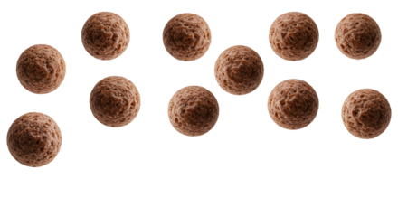 Dark brown, textured cereal puffs resembling chocolate cookie crisps, dynamically suspended mid-air against a seamless transparent background with copy space, concept for breakfast advertising