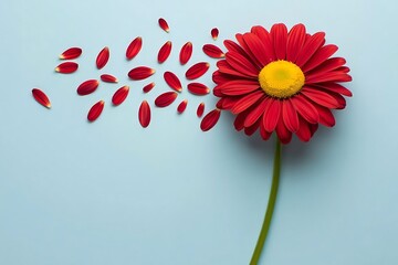 Red daisy flower with scattered petals on a light blue background