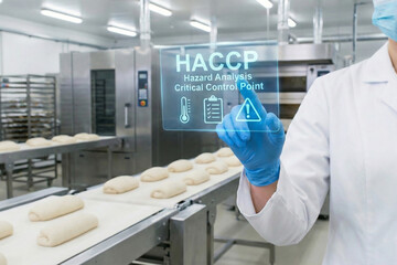 Bakery production manager using holographic interface to monitor critical control points in industrial bread manufacturing facility conveyor line