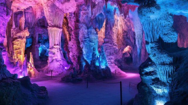 Vibrant colors illuminate the cave's unique rock formations, creating an enchanting atmosphere. Visitors explore the mesmerizing beauty of the underground landscape.