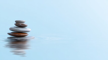 Fototapeta premium Stacked rocks balance in calm water at peaceful shore zen stone stack stands prominently near reflective lake