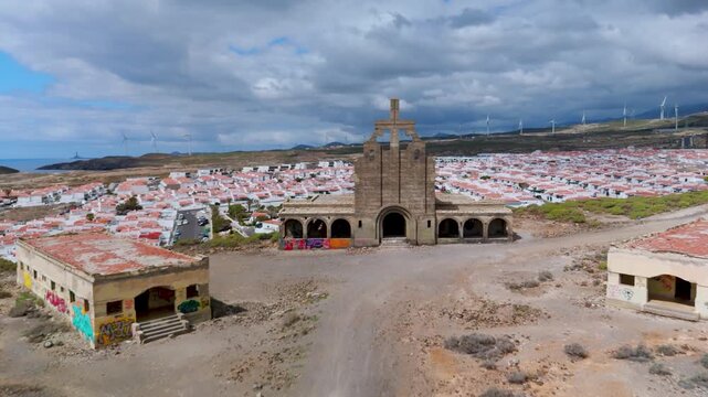 Eerie aerial drone view of the vast, abandoned complex of the Sanatorio de Abades, the infamous leper colony ruins in Tenerife, Canary Islands, Spain.