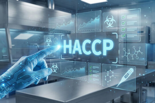 Scientist hand touching futuristic digital HACCP dashboard interface for biohazard monitoring and data analysis in modern food technology laboratory