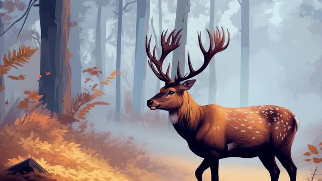 A stag with impressive antlers stands gracefully in a serene forest filled with autumn foliage and ferns. The soft morning light enhances the tranquil scene.