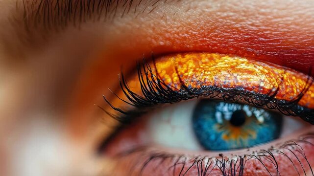 Close-up of an eye showcasing artistic makeup with vivid red and orange patterns shimmering across the eyelid. The bright blue iris contrasts beautifully.