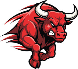 Charging aggressive red bull mascot design running with speed effect for sports team logo identity or financial investment symbol.
