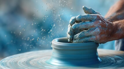 Person throws clay on potter s wheel hands skillfully shape rotating clay into pottery form