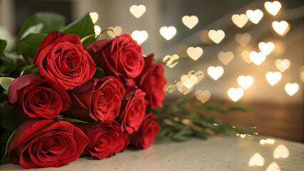 Red roses with romantic heart shaped bokeh lights