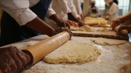 Bakers roll dough with wooden rolling pins on floured surfaces during a hands-on baking class, emphasizing teamwork and culinary skills.