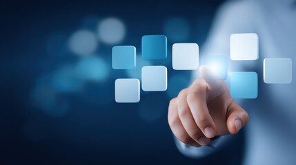 Hand touches button on digital display screen interface individual operates touchscreen device initiating command