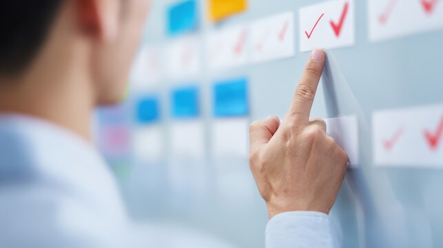 Person points at wall covered in sticky notes individual indicates ideas on wall with colorful notes