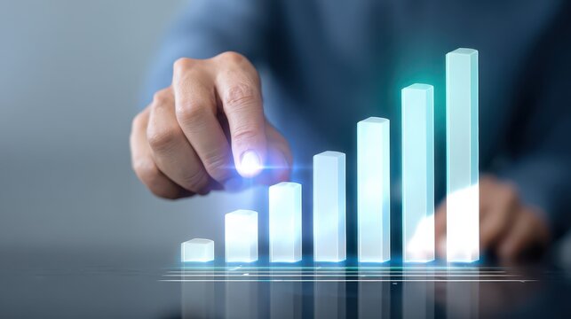 Person interacts with bar chart displayed on tablet individual analyzes data visualization on digital device screen - Powered by Adobe