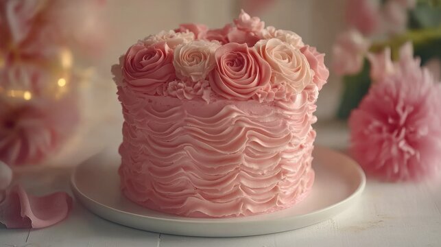 Pink tiered cake with ornate buttercream roses and ruffles