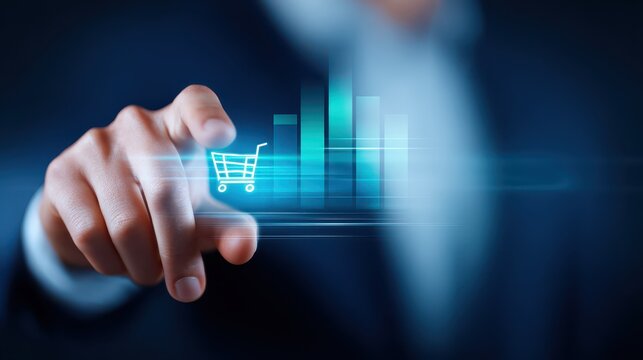 Man in suit pushes shopping cart on touch screen display businessman interacts with virtual cart on large screen