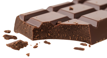 Delicious milk chocolate bar with a bite taken out showcasing its texture and rich color against a perfect for dessert lovers on transparent background