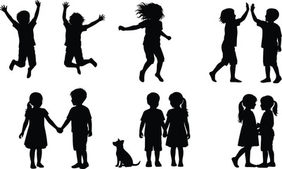 Black Silhouette Vector Collection of Happy Children Jumping, High-Fiving, and Holding Hands with a Small Dog, Representing Childhood Joy, Friendship, Energy, Play, and Fun.