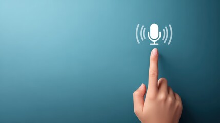 Hand touches button on blue background surface close up of human hand pressing a circular button