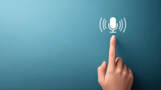 Hand touches button on blue background surface close up of human hand pressing a circular button - Powered by Adobe