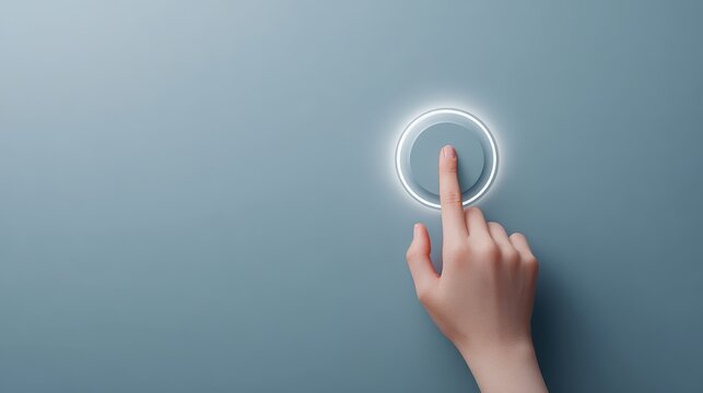 Hand presses button on control panel person operates interface activating device on wall