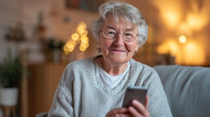 Happy elderly woman connecting online using a mobile phone in her living room