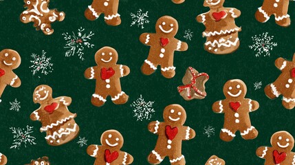Gingerbread man cookies and snowflakes creating a festive holiday pattern on green background