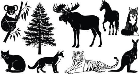 Black Silhouette Vector Collection of Wild and Exotic Animals, Including Moose, Koala, Tiger, Kangaroo, Fox, Horse, and Cat, with Pine Tree, for Wildlife and Nature Design