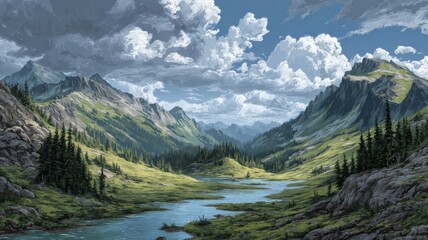 Scenic mountain landscape with panoramic views of alpine peaks, lush green valleys, and clear blue sky in a serene outdoor setting