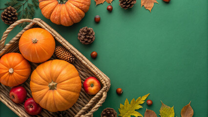 Colorful autumn harvest displayed in a wicker basket with pumpkins, apples, and pine cones on a green background