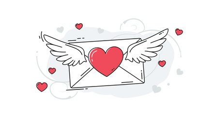 A heart with wings on an envelope with hearts around it.