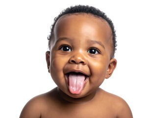 Close-up of joyful baby sticking out its tongue, looking upward