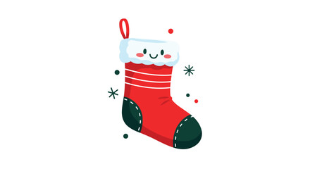 Adorable cartoon Christmas stocking with a cheerful face, featuring red, white, and green colors, and playful festive accents.