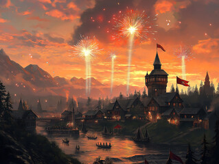 Fireworks and Flags Over Rustic Town Symbolizing Independence and Freedom