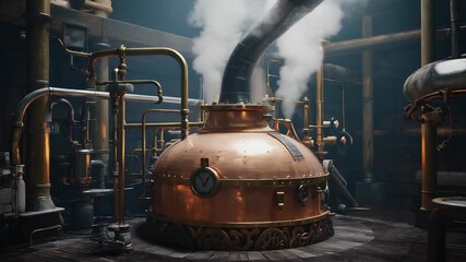 In a serene distillery, a tall, polished copper gin still quietly builds heat, releasing gentle streams of steam. Brass valves and gauges add to the industrial charm of the setting