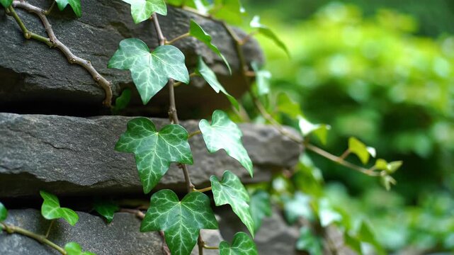 Green ivy vines clinging to stone wall natural background lush foliage growth