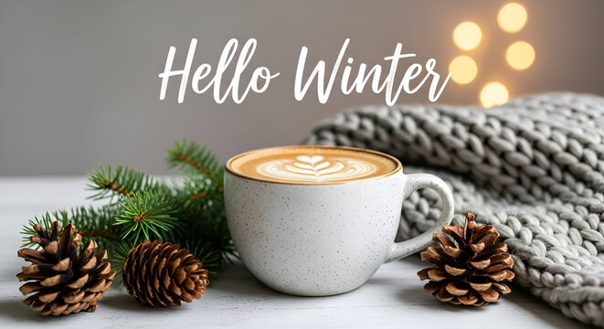 Cozy Hello Winter Scene with Coffee and Pinecones latte - Powered by Adobe