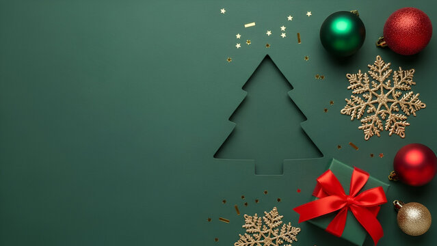 Christmas Tree Cutout with Ornaments and Gifts on Green