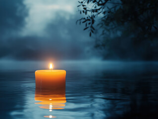 A Floating Candle Glows Softly on a Calm River with Misty Reflections
